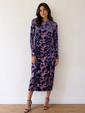 Zara Trafaluc Burnout Velvet Sheer Sheath Dress Ruching Floral Midi Unique Sexy